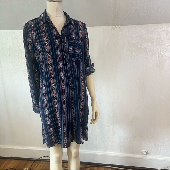 Entro Navy Blue Southwestern Pattern Shirtdress with rolled up sleeves - Picture 2 of 16